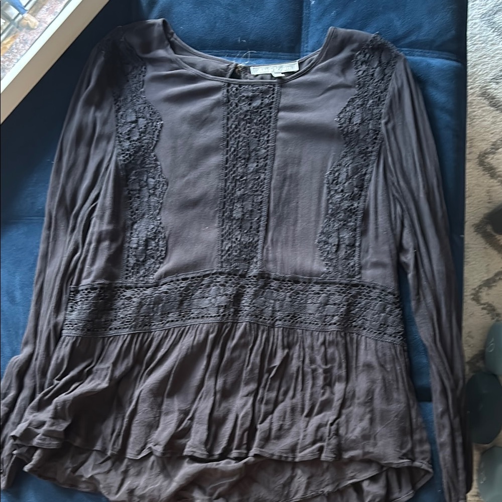 From Anthropology Daniel Rainn Black Peplum Lace Trim Top